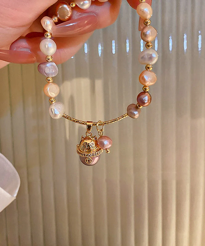 Women's Gold Copper Zirconia Pearl Fortune Cat Bracelet