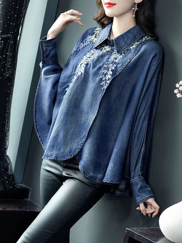 Elegant Lapel Asymmetric Embroidered Bat Sleeve Denim Top