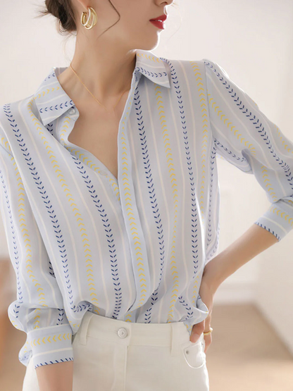 Elegant Lapel Stripe Print Long Sleeve Shirt