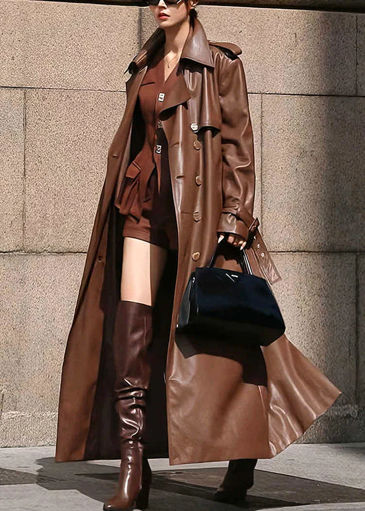 Women's Loose Mouth Buttoned Faux Leather Long Trench Coat