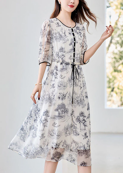 Elegant O Neck Printed Drawstring Short Sleeve Dress