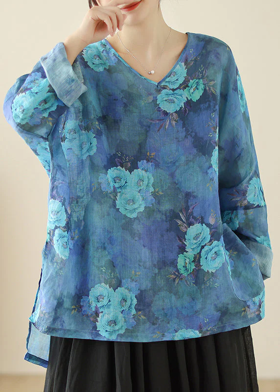 Chinese Blue Plus Size Flower Linen Shirt Long Sleeve Blouse Spring