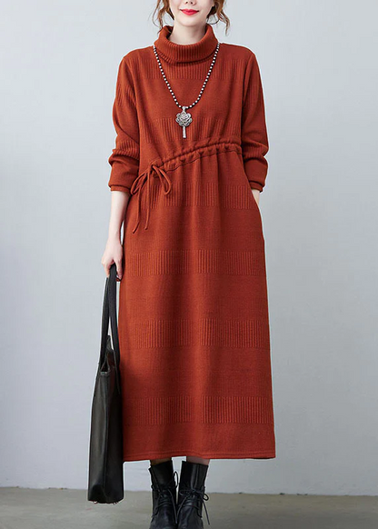 Elegant High Neck Drawstring Knit Loose Dress