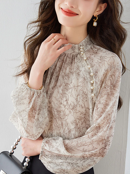 Elegant Asymmetric Lantern Sleeve Printed Blouse Top