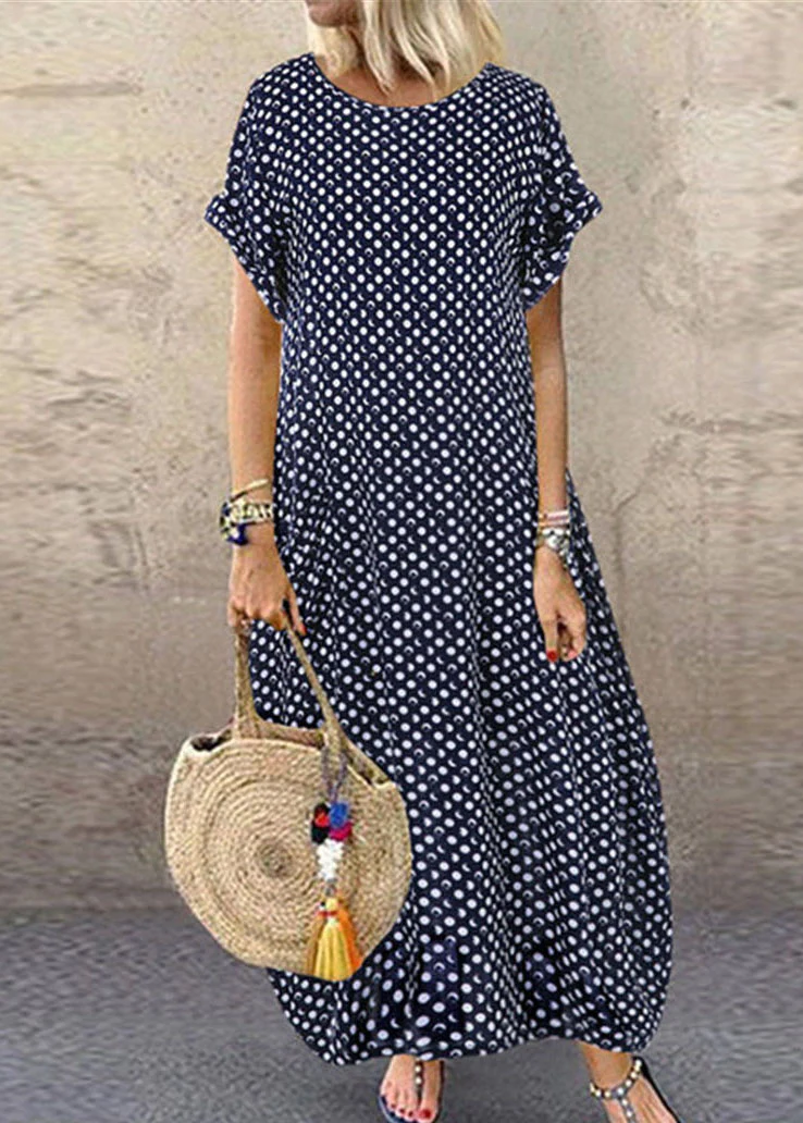 Polka Dot Printed Short Sleeve Long Dress