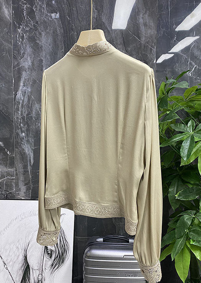 Elegant Silk Blouse Top Hollow Out Standing Collar Long Sleeve Top