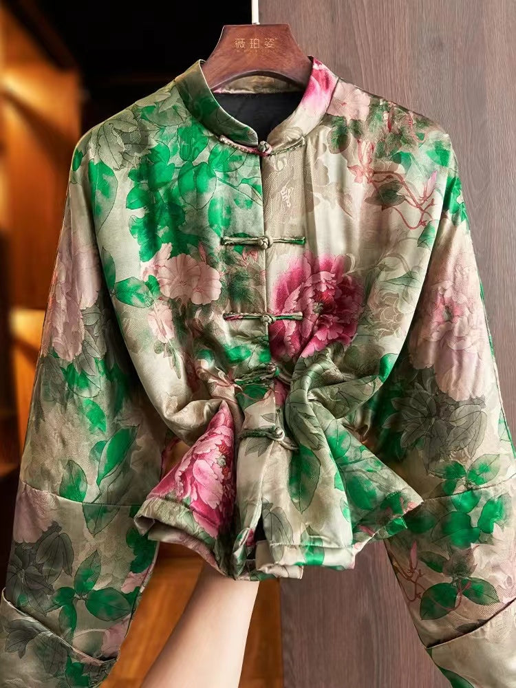 Elegant Printed Panelled Long Sleeve Silk Cotton Jacket