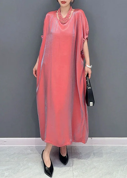 Elegant Pink Round Neck Silk Long Dress Short Sleeve