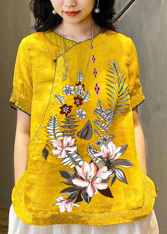 Loose O Neck Embroidered Linen Short Sleeve Shirt Top