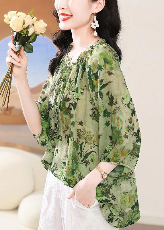 Elegant Ruffle Tie Print Short Sleeve Shirt