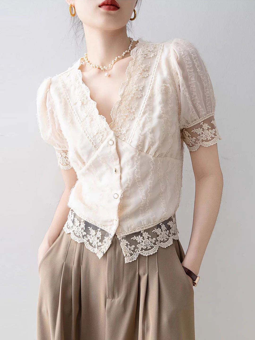 French Neck Flared Sleeve Hollow Out Lace Short Sleeve Blouse Top