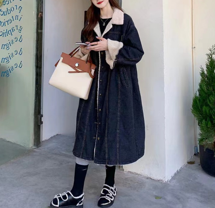 Boho Oversized Padded Wool Lined Denim Trench Coat