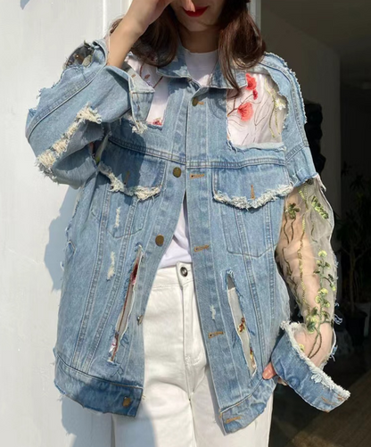 Fashion Embroidery Flower Patchwork Thin Mesh Sun Screen Denim Jacket