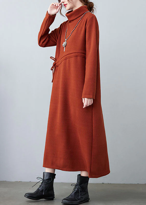 Elegant High Neck Drawstring Knit Loose Dress