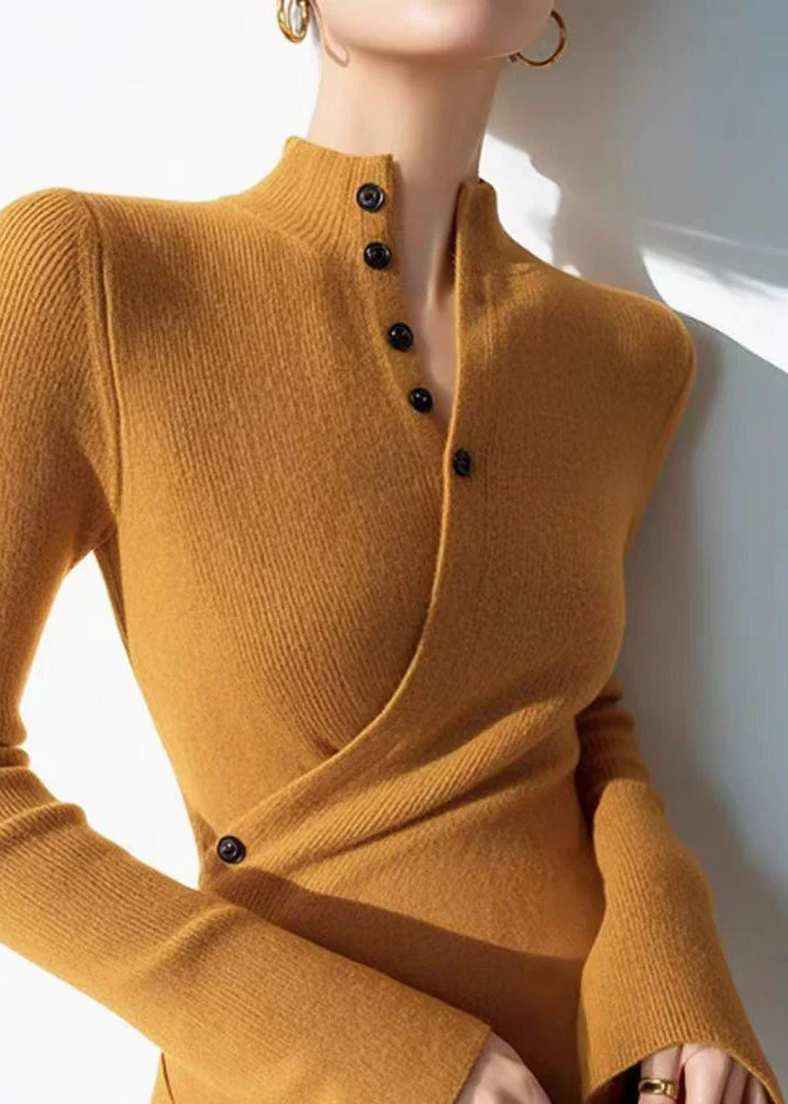 Women's Yellow V-Neck Ruched Cotton Knit Sweater