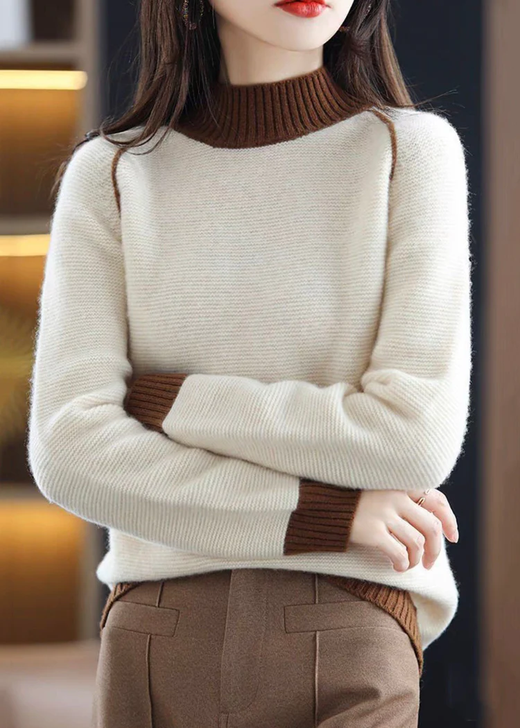 High neck cosy patchwork wool knit jumper