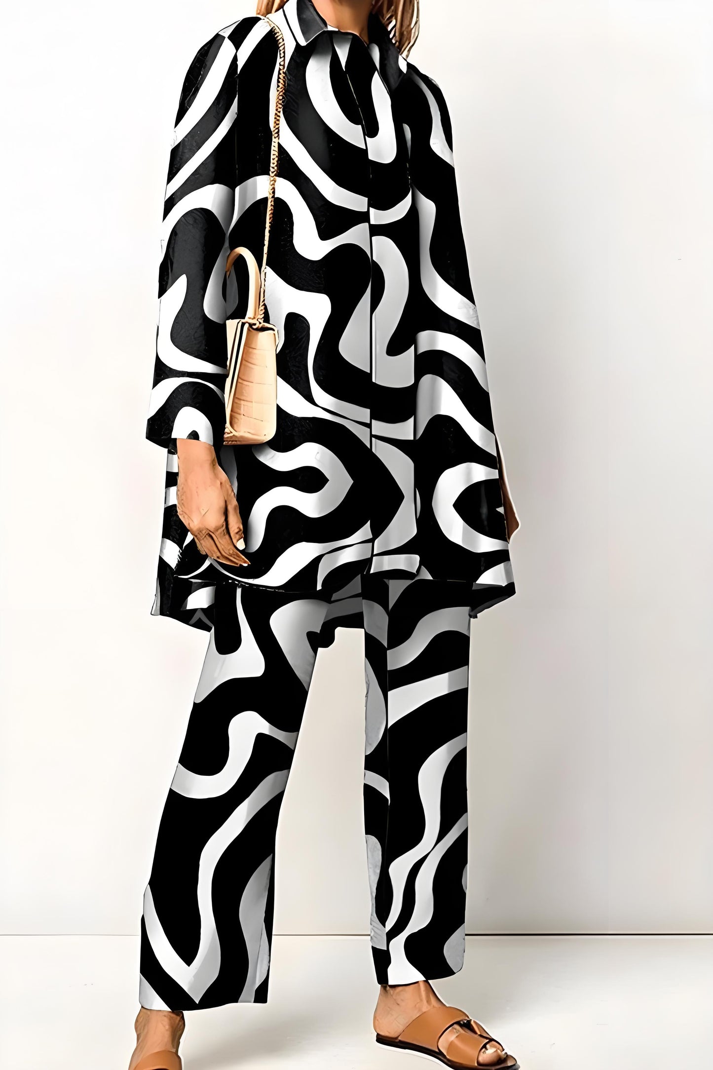 Women's Geometric Print Lapel Long Sleeve Top Pants Two Piece Set