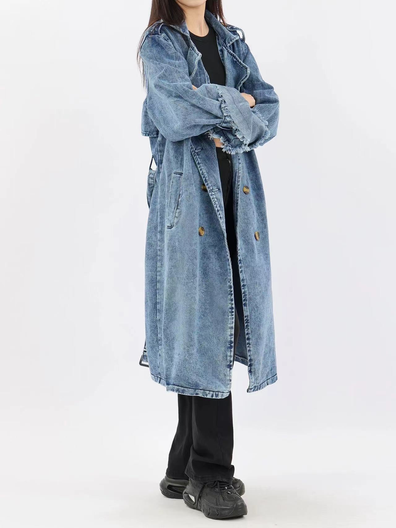 French suit lapel double-breasted knee-length denim trench coat