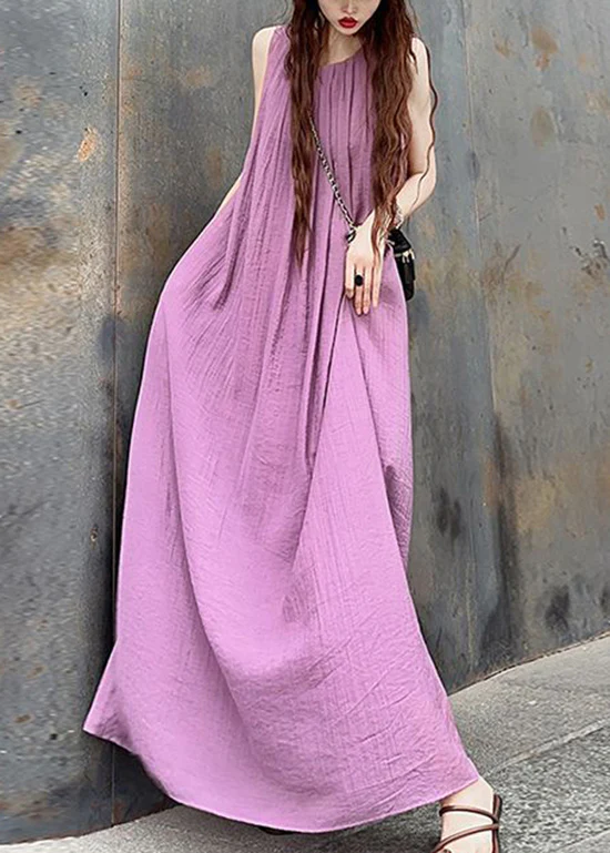 Elegant Round Neck Wrinkled Cotton Sleeveless Pleated Long Dress