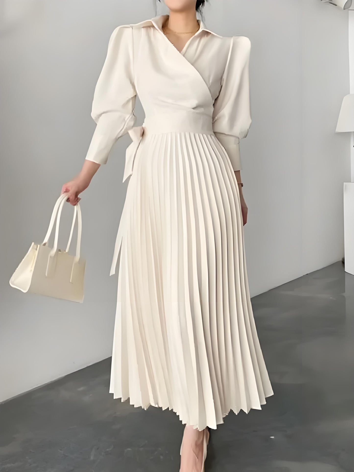 Italian Pleated Asymmetric White Lapel Long Dress