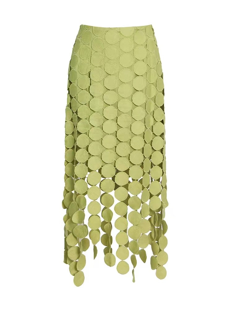 Elegant Round Piece Fringe Hollow Embroidery Irregular Mid-Length Skirt