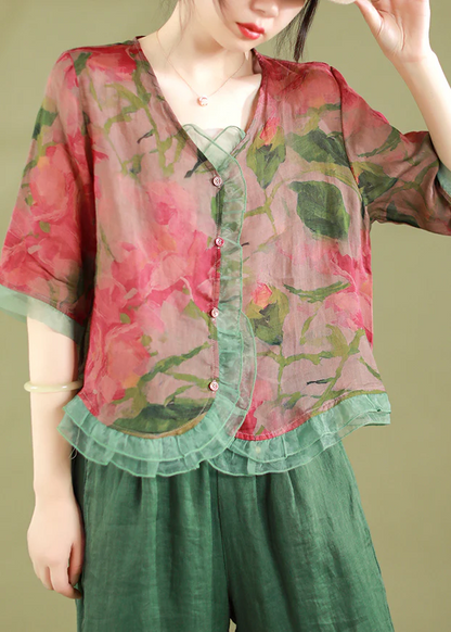 Fashion Ruffle Button Patchwork Linen Shirt