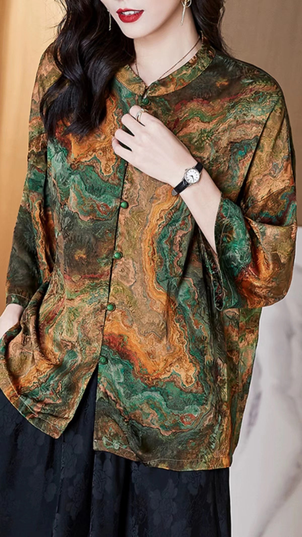 Collar Button Printed Silk Shirt Top