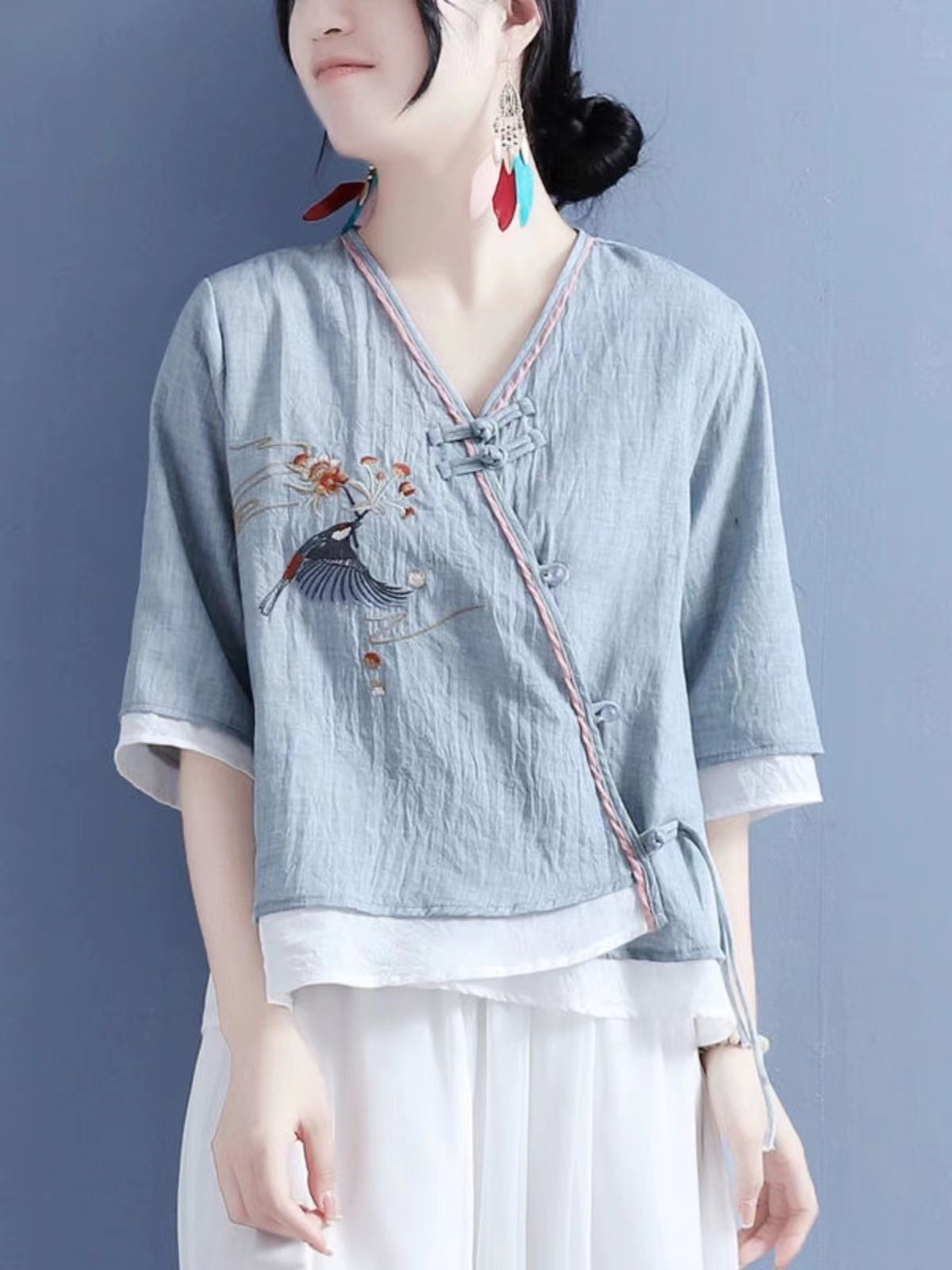 Elegant Embroidered Asymmetric Cotton Blouse Top