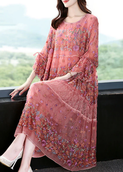 Elegant Embroidered Oversized Silk Vacation Dress Flared Sleeve