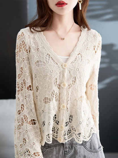 Elegant V-neck Cutout Crochet Knit Long Sleeve Cardigan