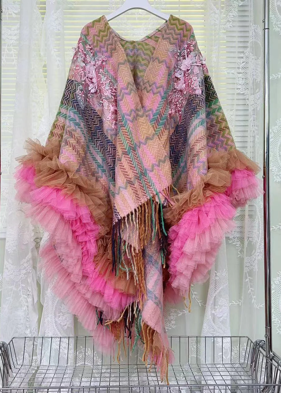 Fringed Tulle Patchwork Knit Holiday Midi Poncho Long Sleeve