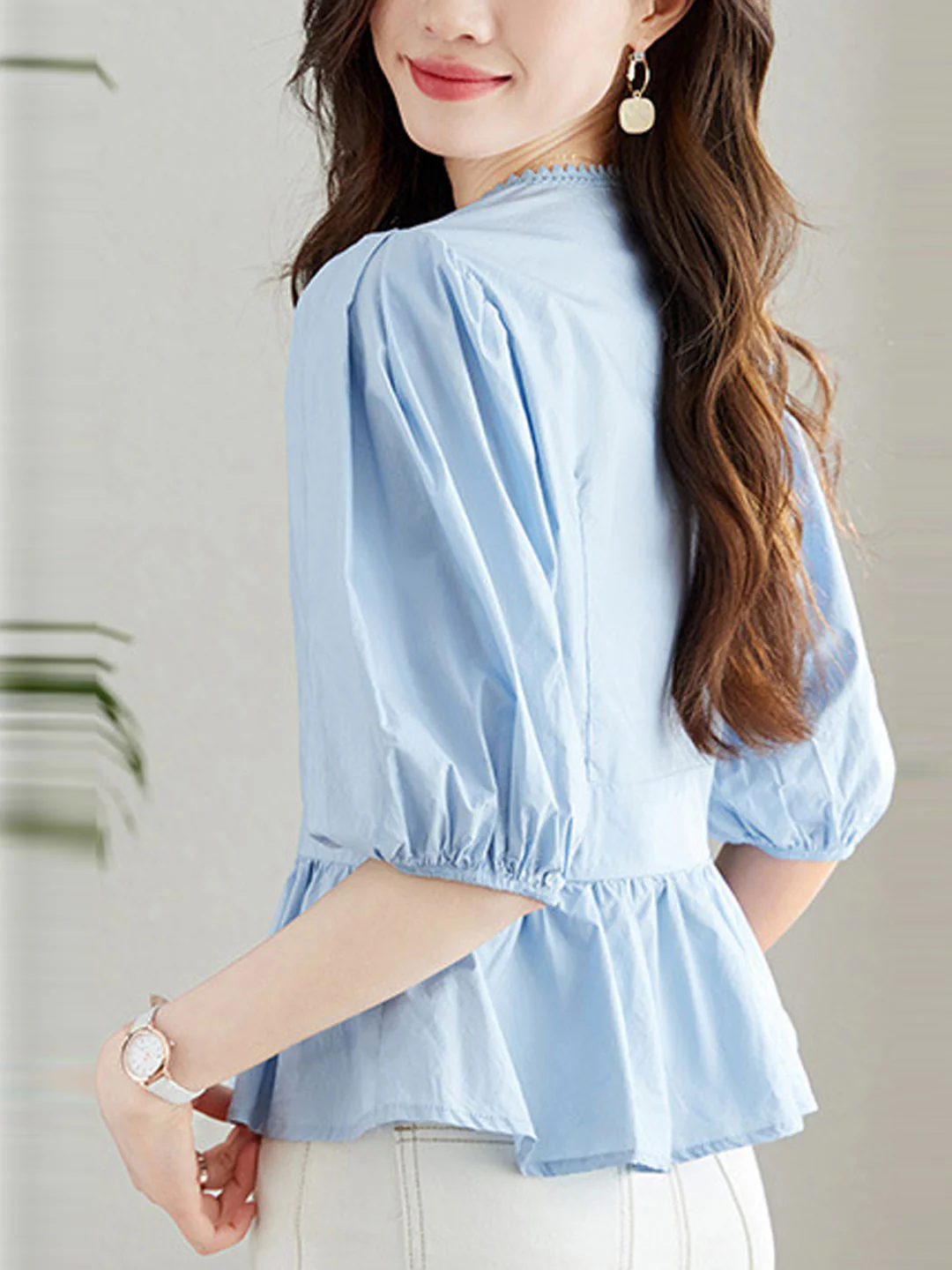 Elegant V-Neck Lantern Short Sleeve Cotton Blouse Top