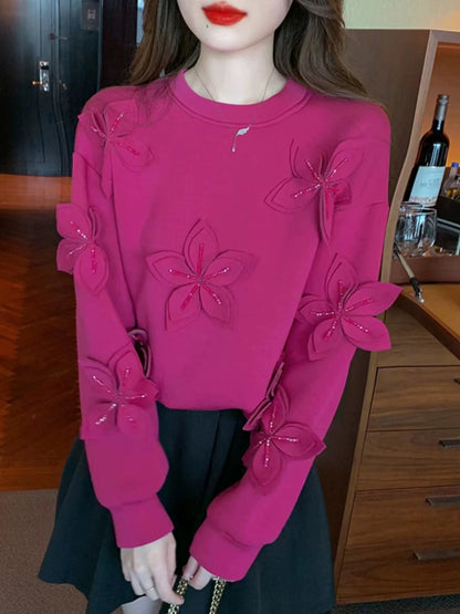 Beaded Floral Round Neck Long Sleeve Sweatshirt