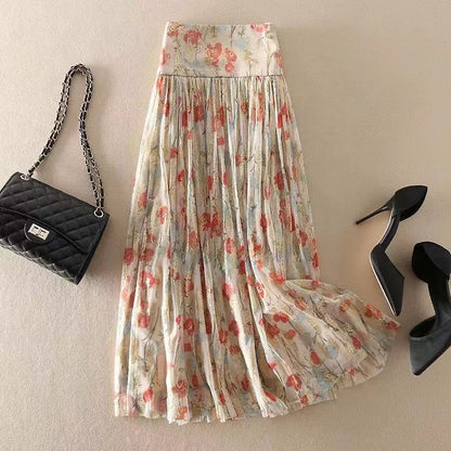 High Waist Zipper Printed Tulle Long Halter Skirt