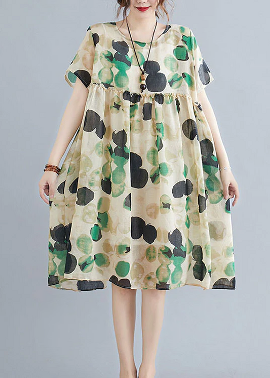 French Dot Print Linen Short Sleeve Dress