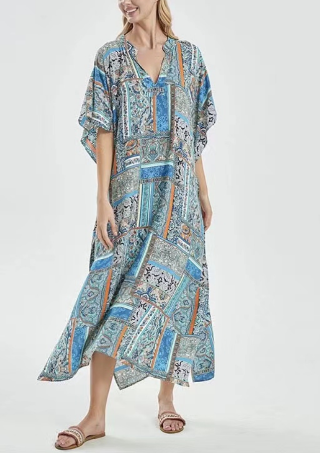 Loose V-Neck Printed Beach Short Sleeve Dress