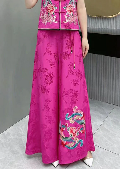 Elegant Embroidery High Waist Pocket Patchwork Silk Wide Leg Pants