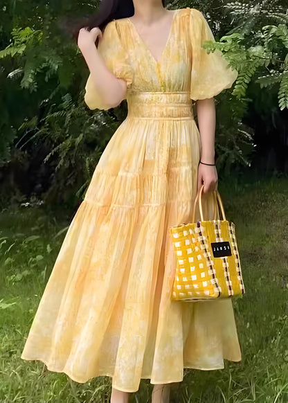 Italian Bohemian Yellow V Neck Printed Long Dress Summer