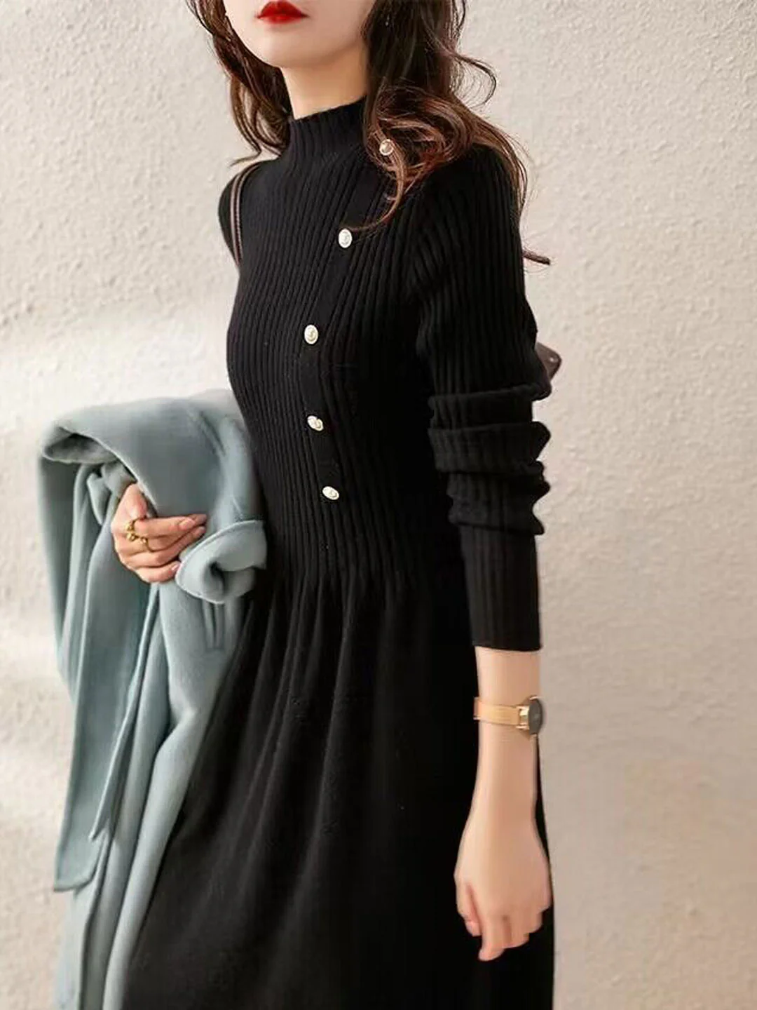 Women's High Neck Solid Color Knit Sweater Dress