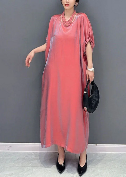 Elegant Pink Round Neck Silk Long Dress Short Sleeve