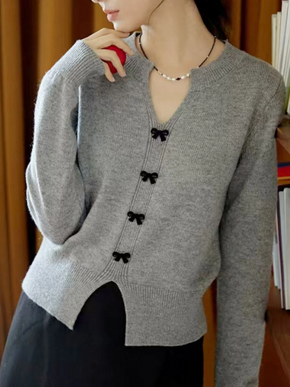 Women's V-Neck Bow Button Knit Sweater Fall