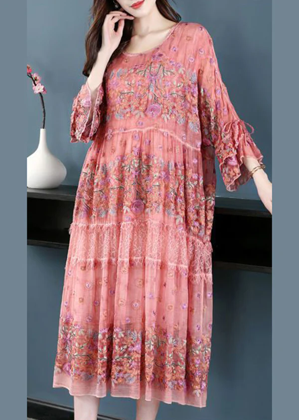 Elegant Embroidered Oversized Silk Vacation Dress Flared Sleeve