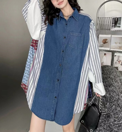 Loose Vintage Denim Patchwork Striped Long Sleeve Shirt Dress