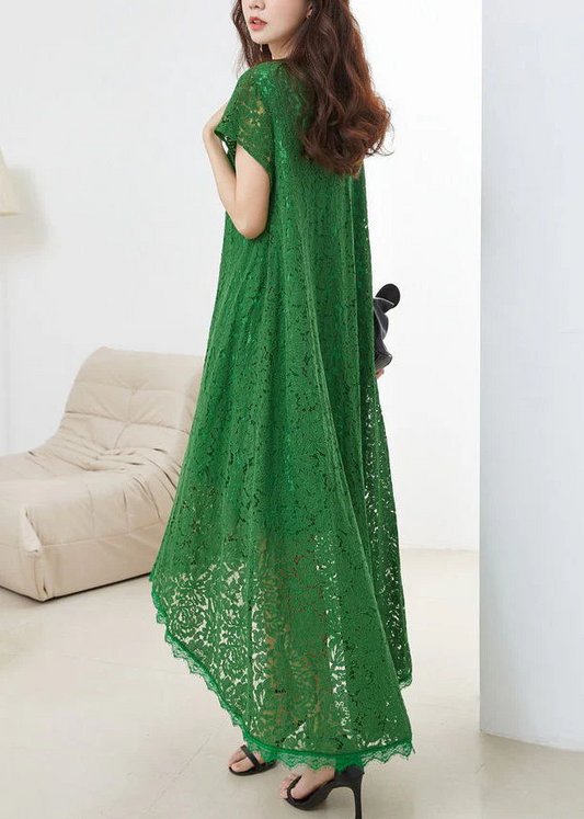 Italian Green V-Neck Cutout Lace Short Sleeve Dress