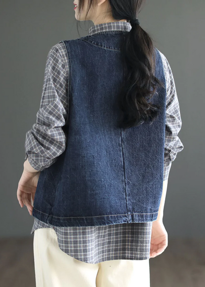 Pocket Short Patchwork Denim Vest Sleeveless