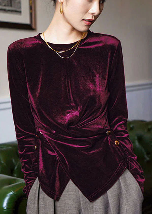 Elegant velvet blouse with asymmetric buttons long sleeves