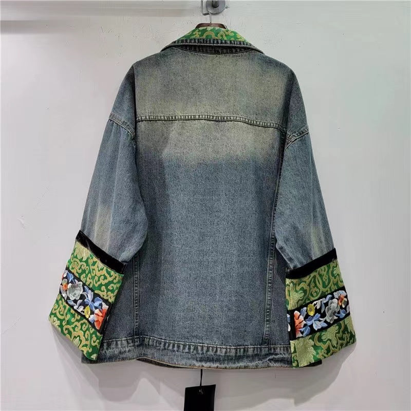 Vintage Patchwork Printed Beaded Denim Jacket