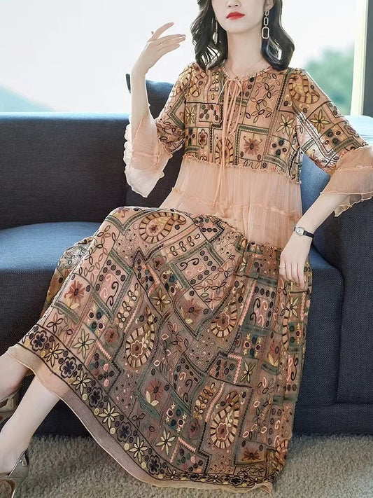 Elegant Tie Patchwork Printed Ruffle Short Sleeve Dress