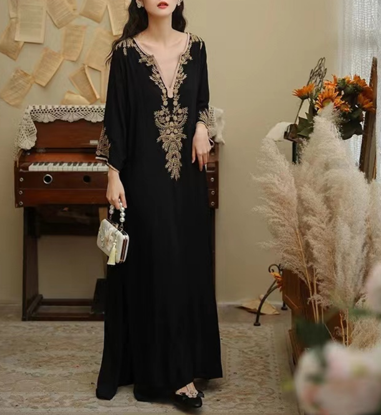 French V-neck embroidered cotton long dress