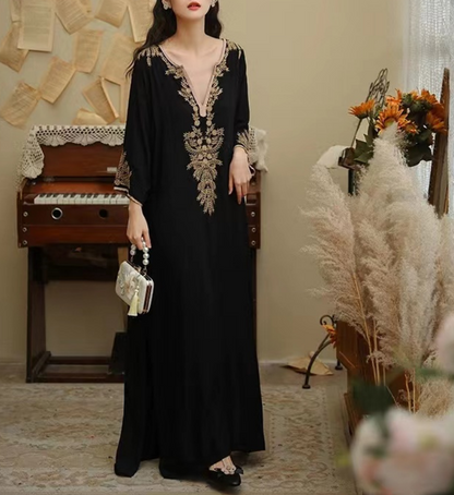 French V-neck embroidered cotton long dress